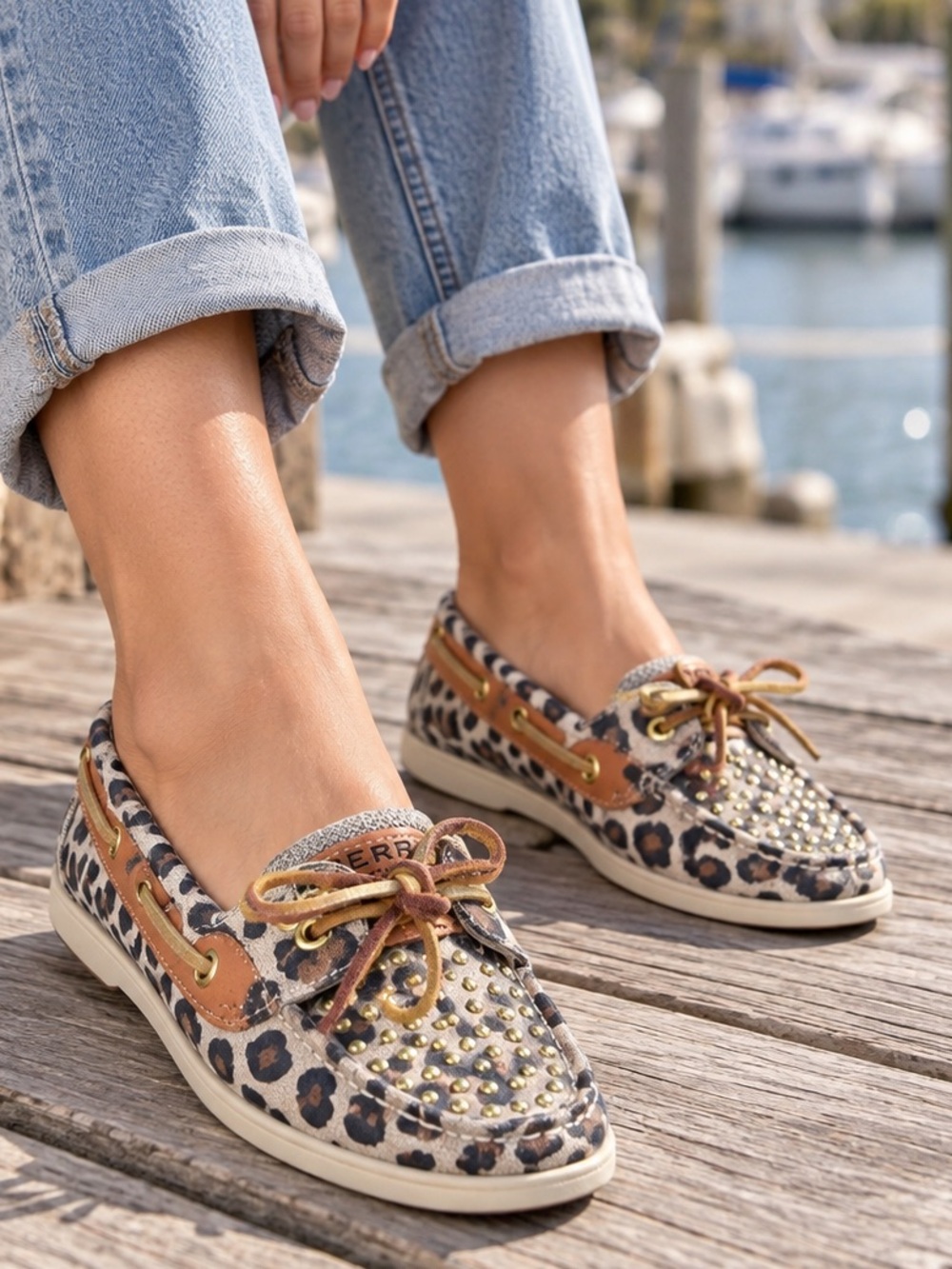 Sherry Top Sider Angelfish Leopard Print Studded Boat Shoes - 6.5M